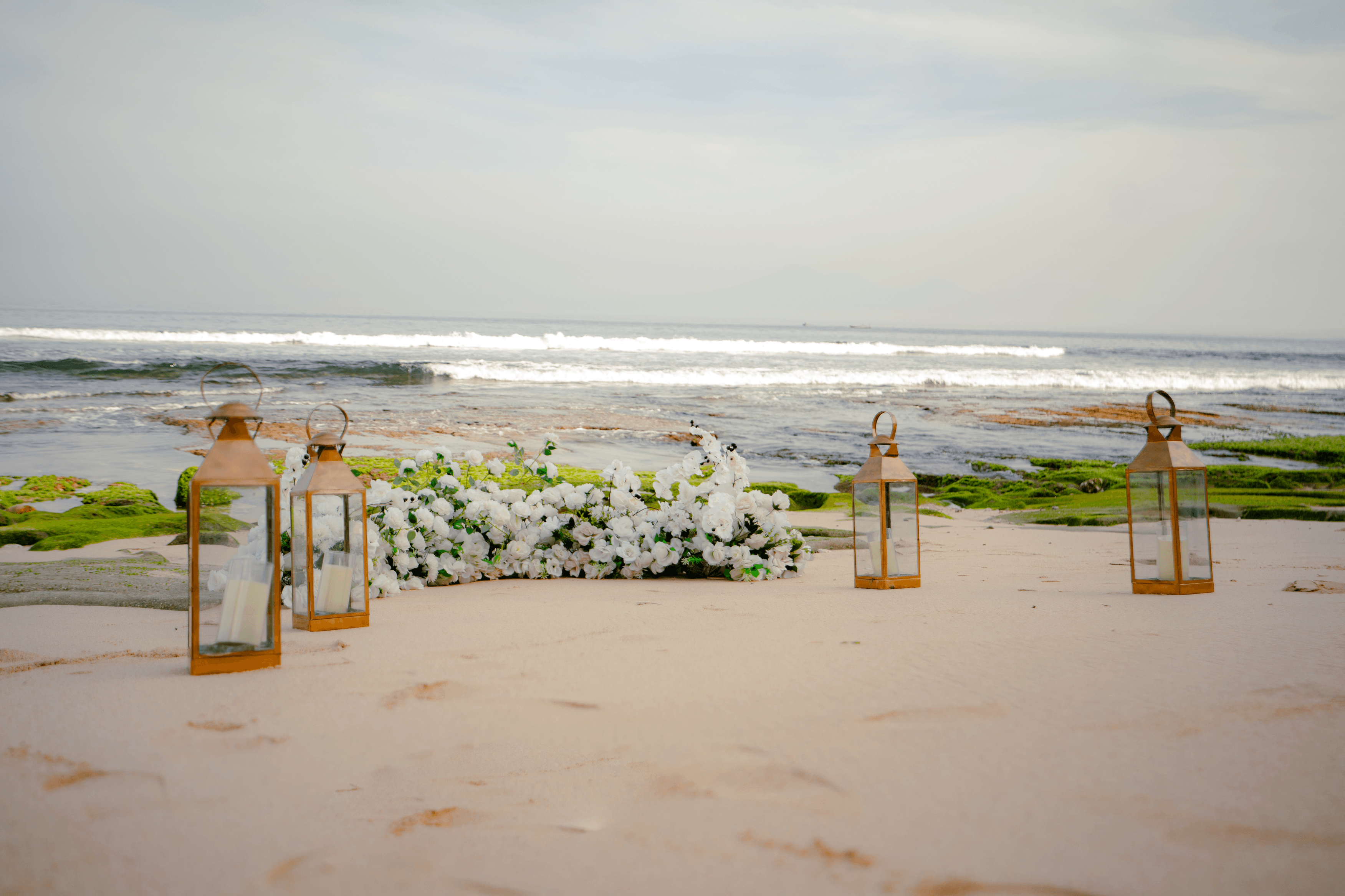 Wedding ceremony with guests throwing confetti